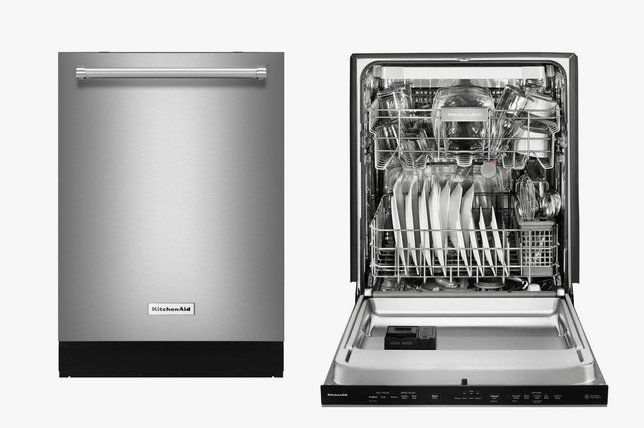 Freestanding dishwasher shown closed and open